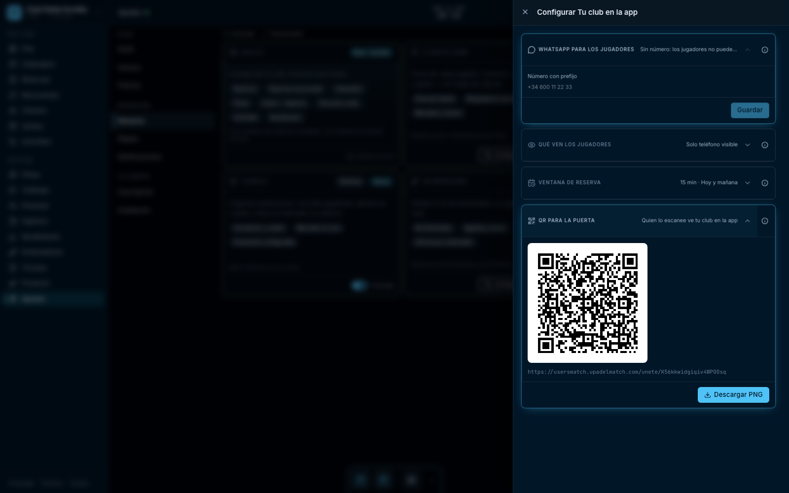 Configuración de Tu club en la app: código QR que enlaza con la ficha del club en el directorio de jugadores.