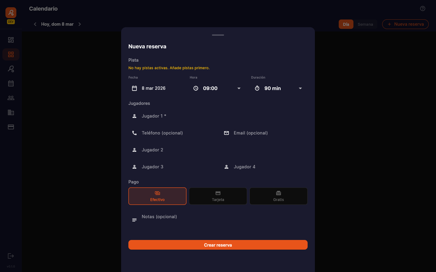 Booking creation form — court, time, players and payment