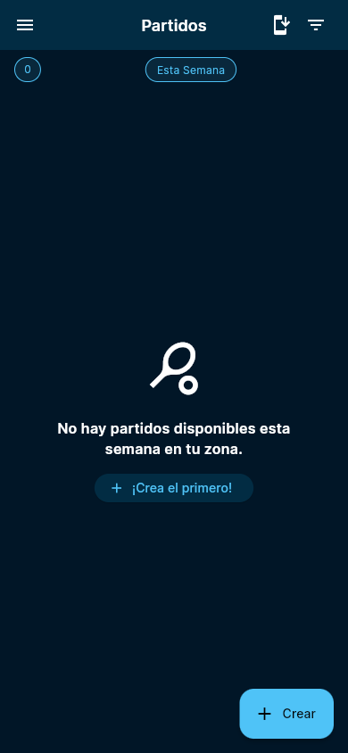 Pantalla de partidos disponibles en uPadelMatch