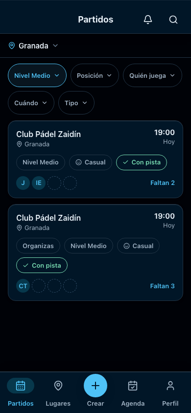 Feed de partidos: partidos abiertos cerca de ti, filtrables por nivel y horario.