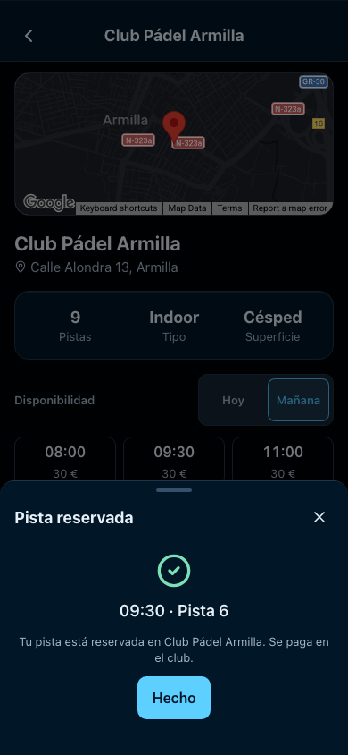 Pantalla de reserva confirmada: la pista queda reservada, se paga en el club.