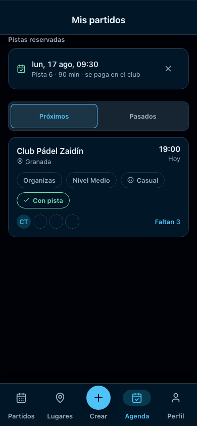 Pantalla mis partidos: tus partidos y tus pistas reservadas juntas.